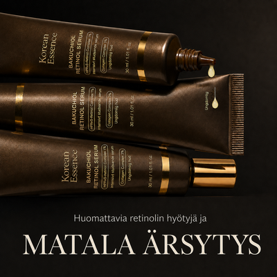 Kolme Bakuchiol Retinol Serum -tuubia tummalla taustalla