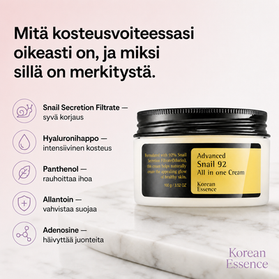 Snail Mucin -monitoimivoiteen tärkeimmät ainesosat