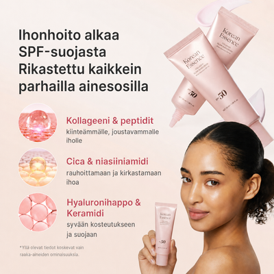 Collagen Glow -aurinkosuojan tärkeimmät ainesosat ja nainen tuote kädessään