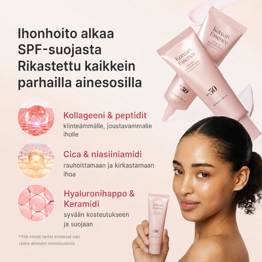Collagen Glow -aurinkosuojan tärkeimmät ainesosat ja nainen tuote kädessään