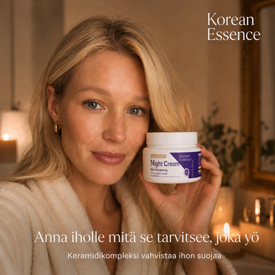 Nainen pitelee Night Cream Skin Renewing -purkkia