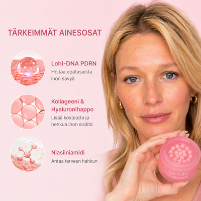 PDRN Pink Collagen Capsule Creamin avainainesosat ja nainen tuote kädessään