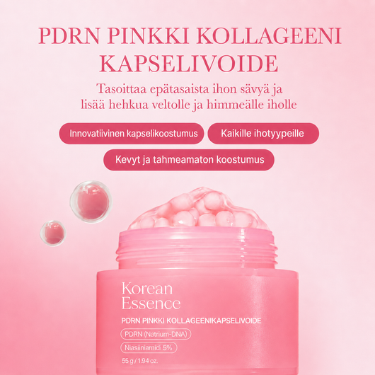 PDRN Pink Collagen Capsule Cream -purkki vaaleanpunaisella taustalla