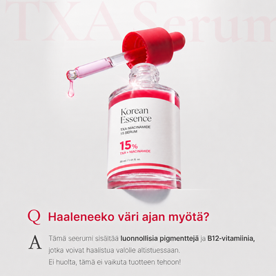 TXA Niacinamide Serum -pullo ja pipetti vaalealla taustalla